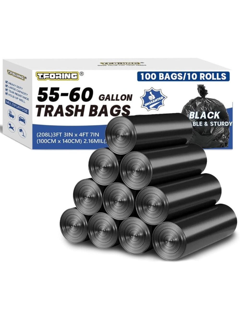 Heavy Duty 55-60 Gallon Trash Bags, 2.1 Mil Thickness, 100 Count, Extra Strong
